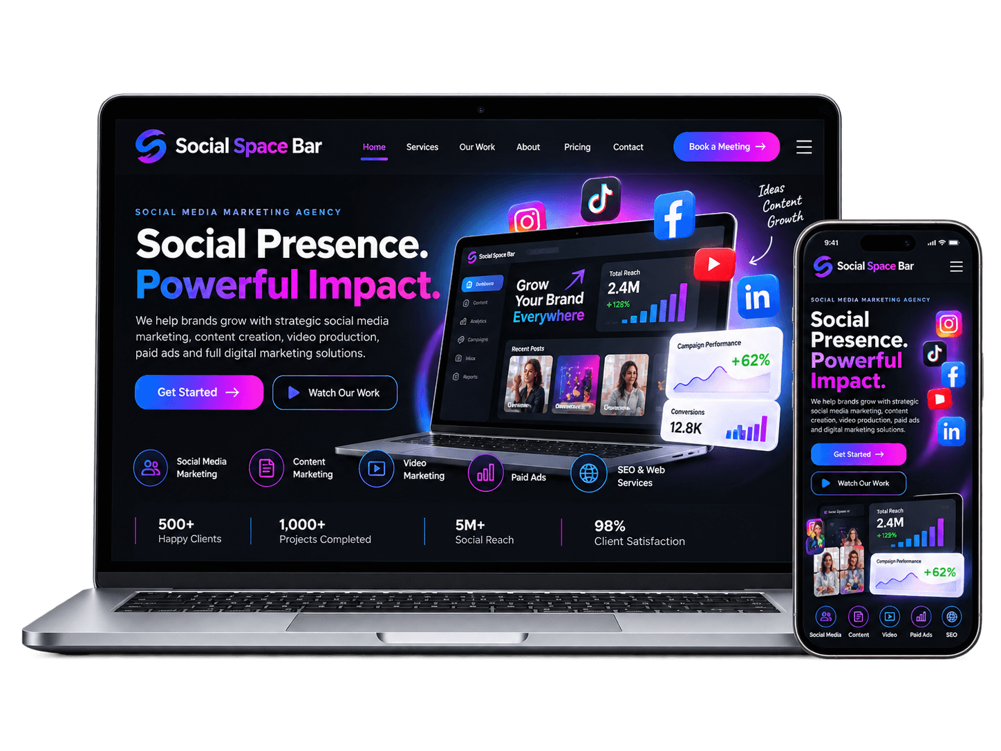 Social Space Bar multi-device app and website mockup